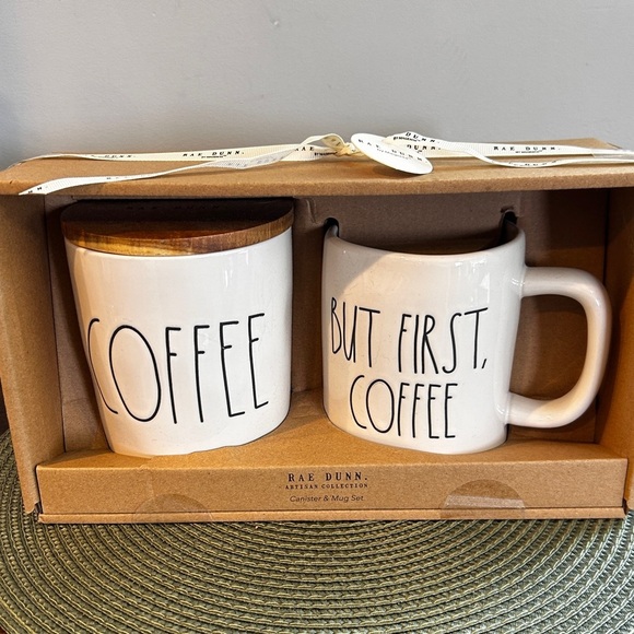 Rae Dunn "COFFEE" Canister "BUT FIRST COFFEE" Coffee Mug Gift Set Brand New - Picture 1 of 4